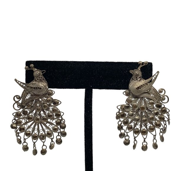 Vintage Peacock Design Filigree Clip On Earrings Elegant Silver Statement Jewelr - Picture 1 of 3